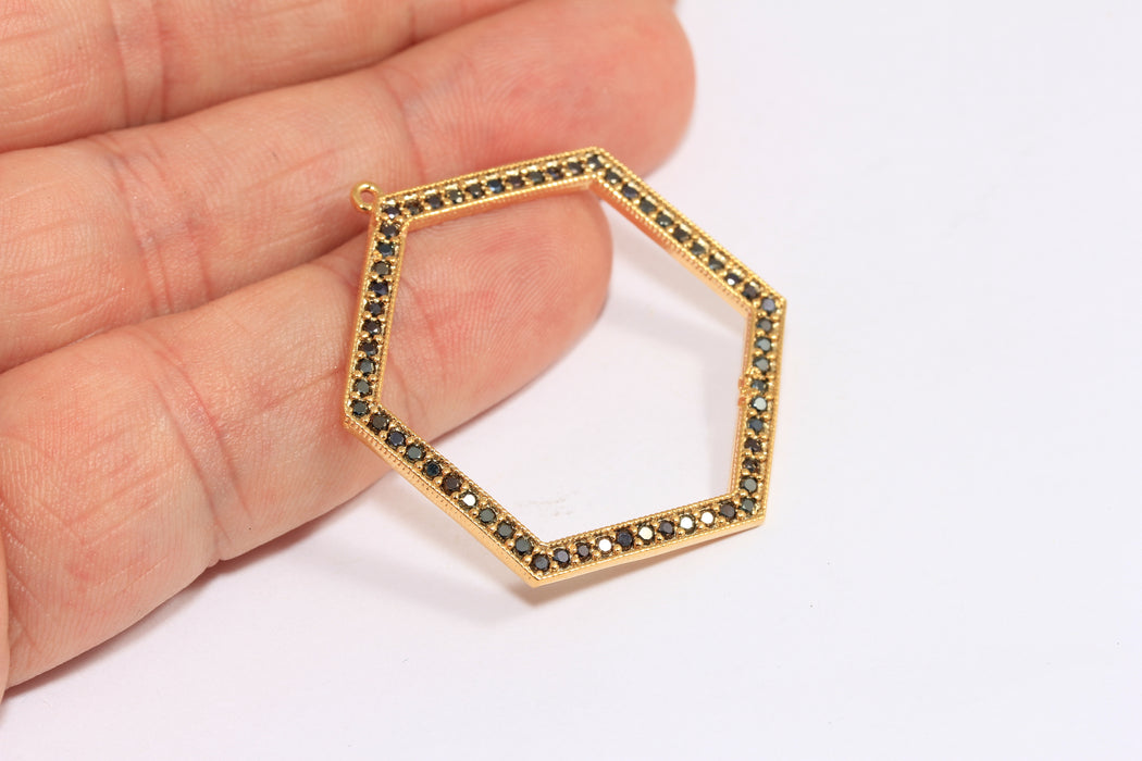 33mm 24k Shiny Gold Micro Pave Hexagon Pendant, CZ Hexagon Pendant, Black Stone Charms, ZRCN184