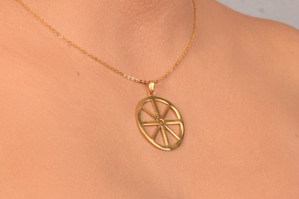 17'' +2'' 24k Shiny Gold Wheel Charm Ready Necklace, Vintage Wheel Pendant Necklace, DC191-12