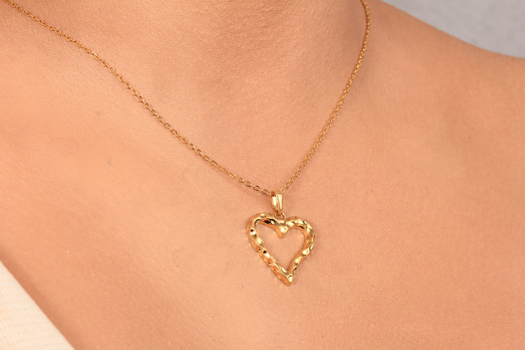 17'' +2'' 24k Shiny Gold Heart Charm Ready Necklace, Hammered Heart Shaped Frame Pendant Necklace, DC191-13