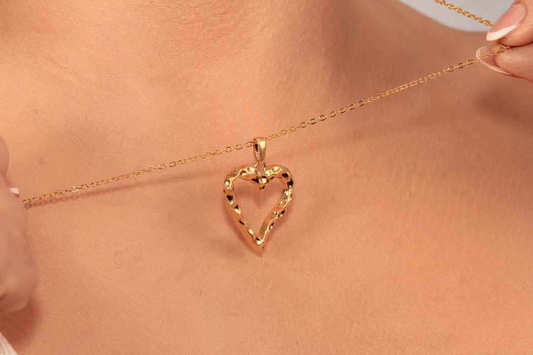 17'' +2'' 24k Shiny Gold Heart Charm Ready Necklace, Hammered Heart Shaped Frame Pendant Necklace, DC191-13