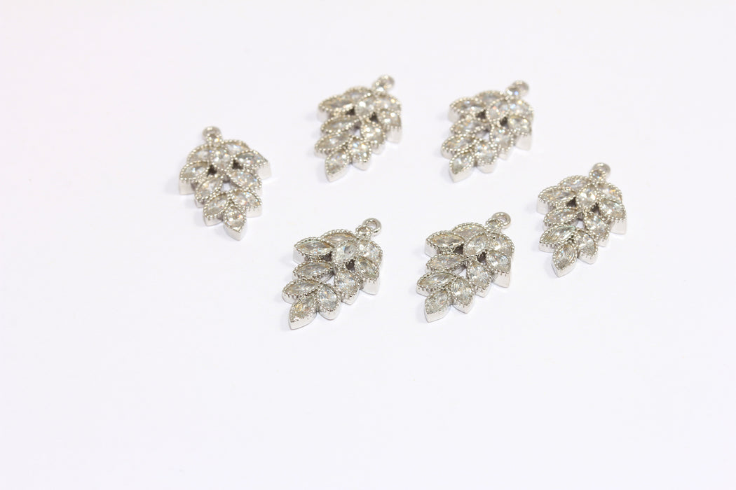 11x19mm Rhodium Plated CZ Leaf Charm, Baguette Stone Leaf Charms, Micro Pave White Stone Leaf, ZRCN483