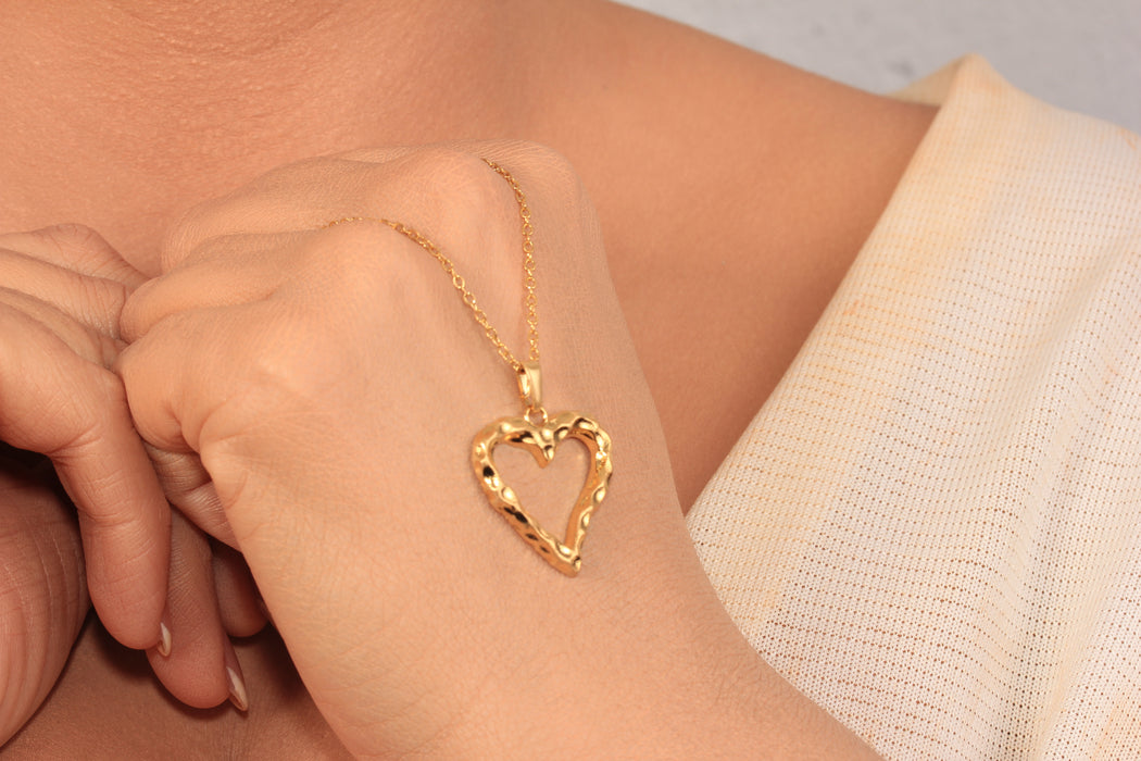 17'' +2'' 24k Shiny Gold Heart Charm Ready Necklace, Hammered Heart Shaped Frame Pendant Necklace, DC191-13