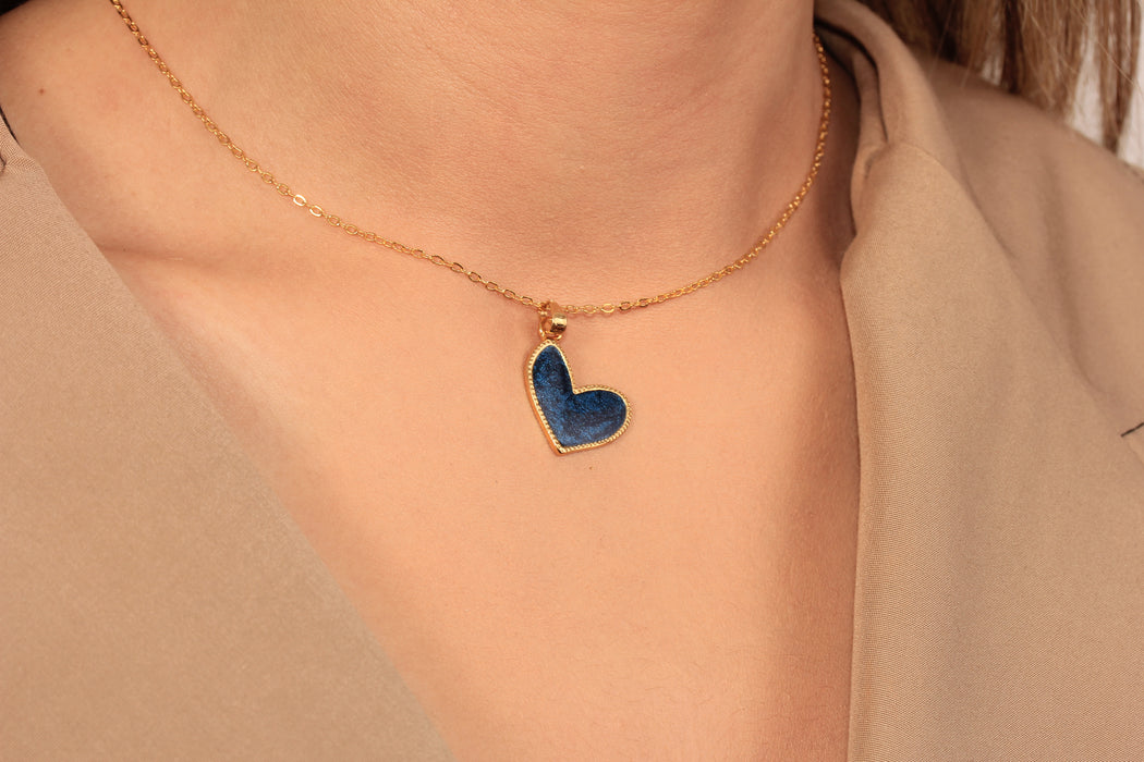 17'' +2'' 24k Shiny Gold Heart Charm Ready Necklace, Night Blue Enamel Heart Pendant Necklace, Dainty Necklace, DC192-2