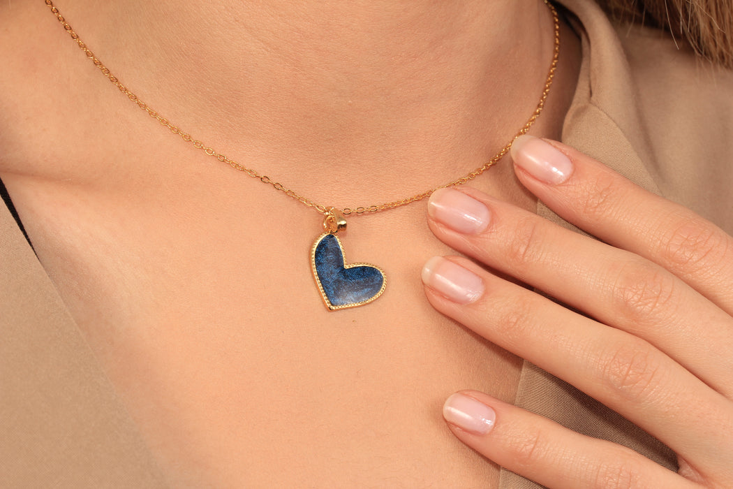 17'' +2'' 24k Shiny Gold Heart Charm Ready Necklace, Night Blue Enamel Heart Pendant Necklace, Dainty Necklace, DC192-2