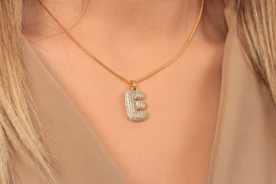 17'' +2'' 24k Shiny Gold CZ E Letter Ready Necklace, Micro Pave White Stone E Letter Charm Necklace, DC192-4