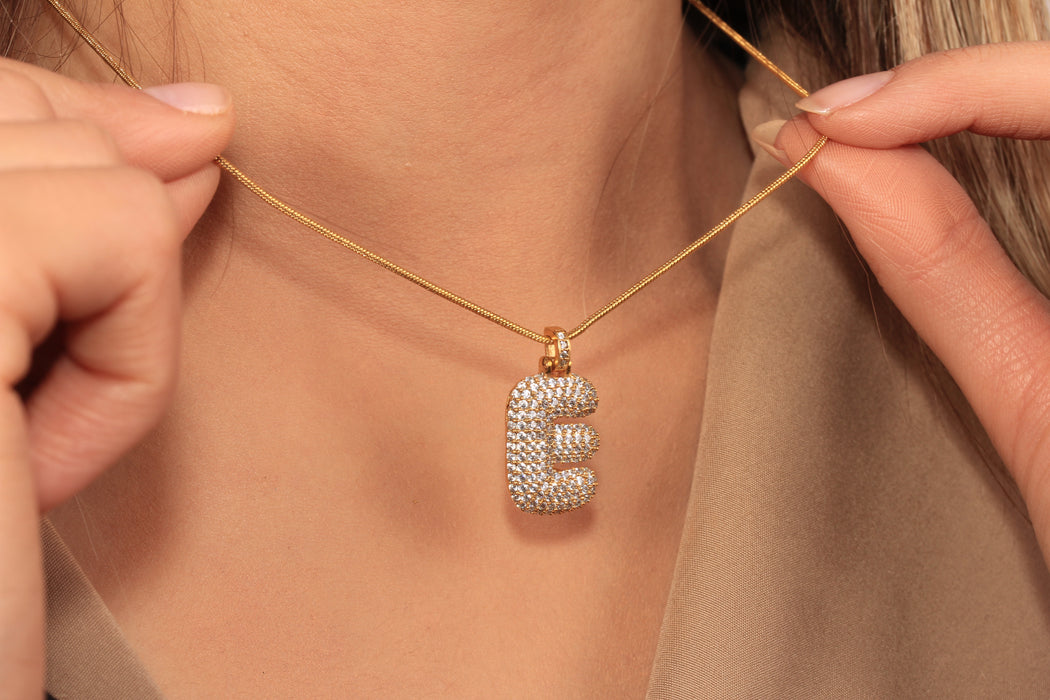 17'' +2'' 24k Shiny Gold CZ E Letter Ready Necklace, Micro Pave White Stone E Letter Charm Necklace, DC192-4