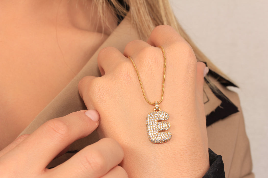 17'' +2'' 24k Shiny Gold CZ E Letter Ready Necklace, Micro Pave White Stone E Letter Charm Necklace, DC192-4