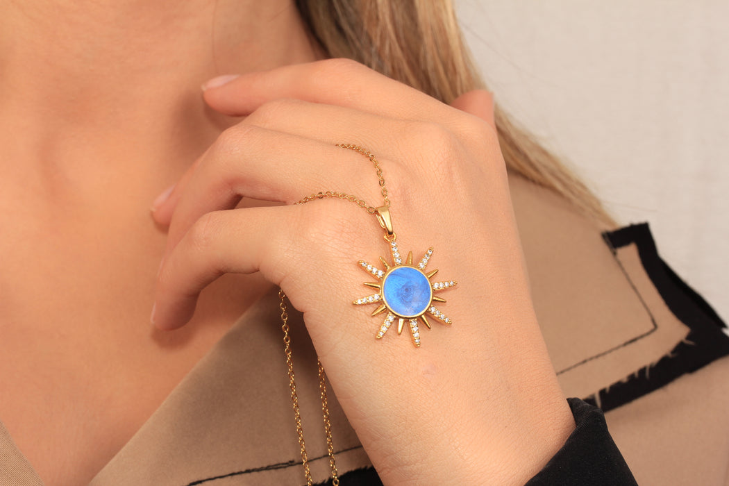 17'' +2'' 24k Shiny Gold Micro Pave Sun Pendant Ready Necklace, CZ Sun Charm Necklace, DC192-5