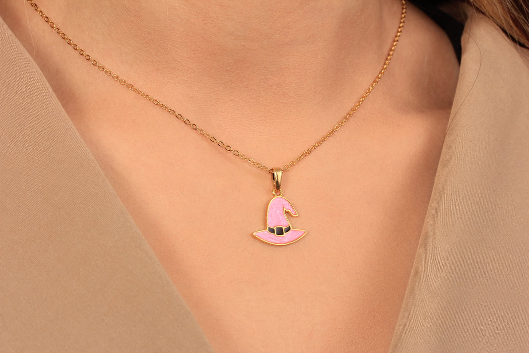 17'' +2'' 24k Shiny Gold Witch Hat Ready Necklace, Enamel Halloween Hat Charm Necklace, DC192-7