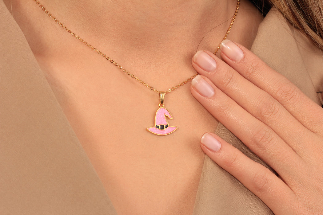 Gold Necklace With Halloween Witch Hat Pendant