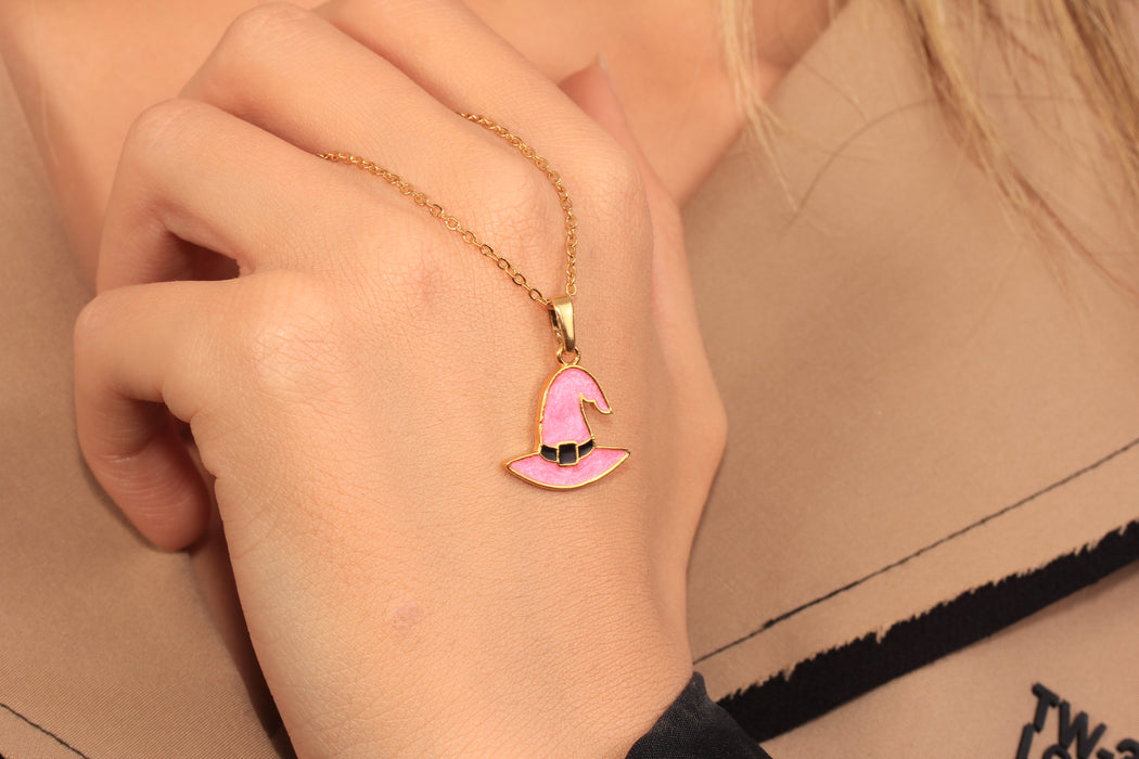 17'' +2'' 24k Shiny Gold Witch Hat Ready Necklace, Enamel Halloween Hat Charm Necklace, DC192-7