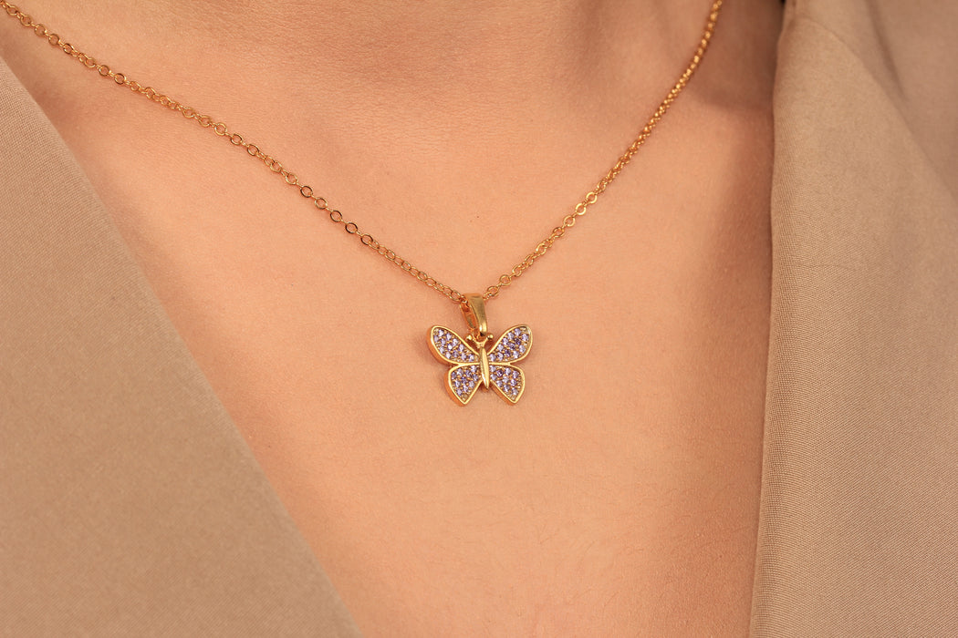 17'' +2'' 24k Shiny Gold CZ Butterfly Ready Necklace, Micro Pave Butterfly Pendant Necklace, DC192-12