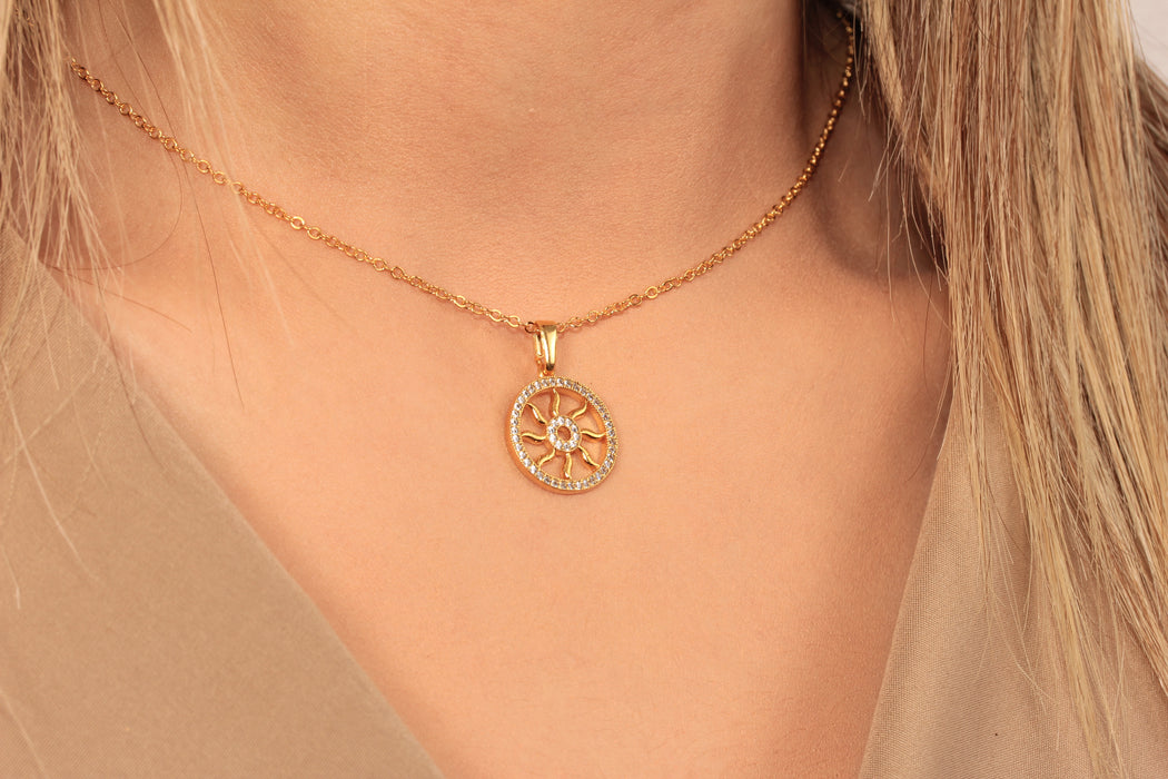 Gold Necklace With Cubic Zirconia Sun Pendant