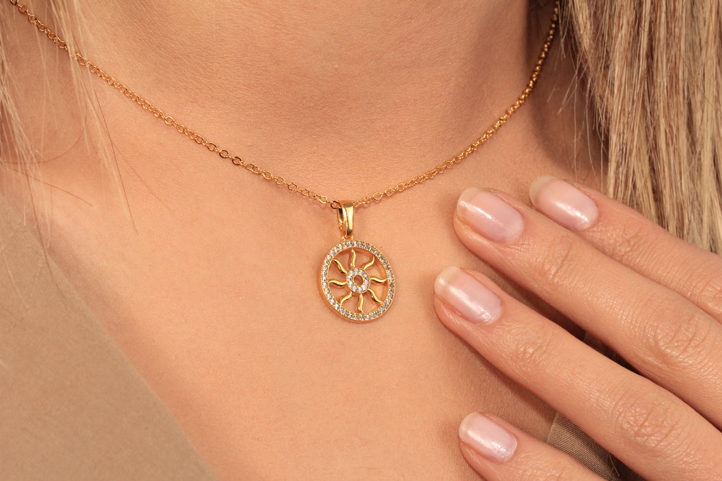 17'' +2'' 24k Shiny Gold Micro Pave Sun Pendant Ready Necklace, CZ Sun Charm Necklace, DC192-13