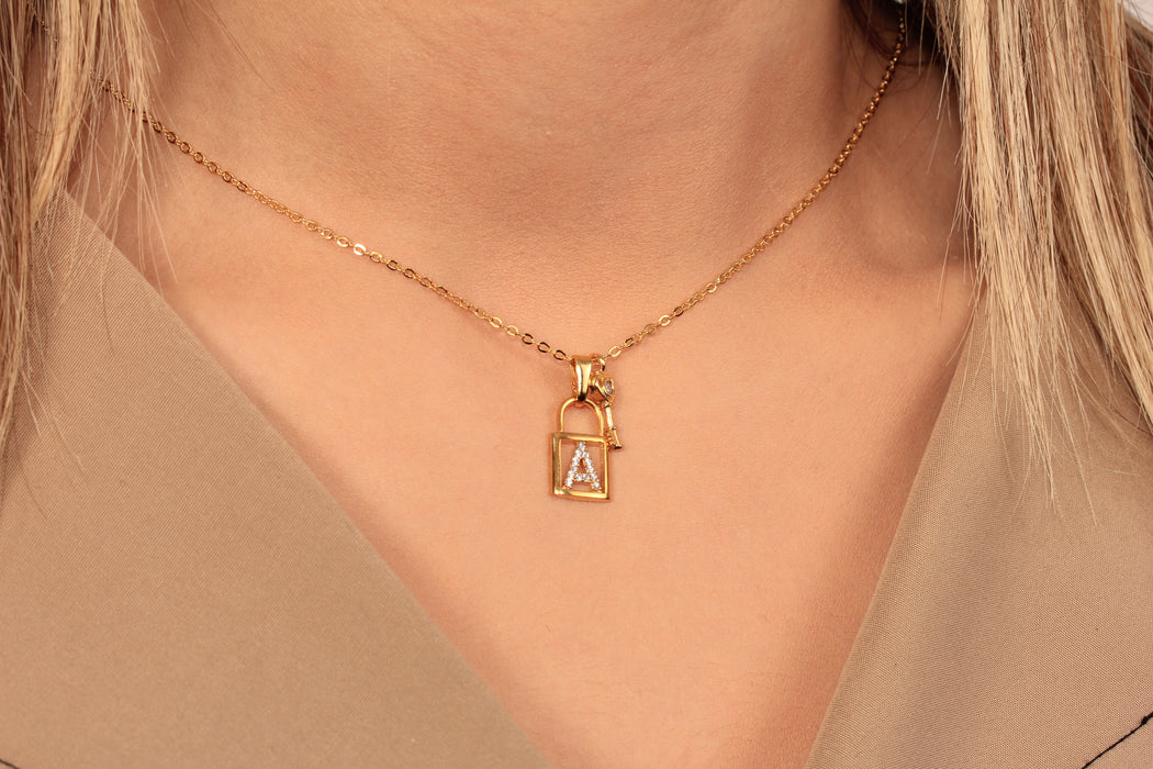 Gold Necklace With Cubic Zirconia Padlock Pendant