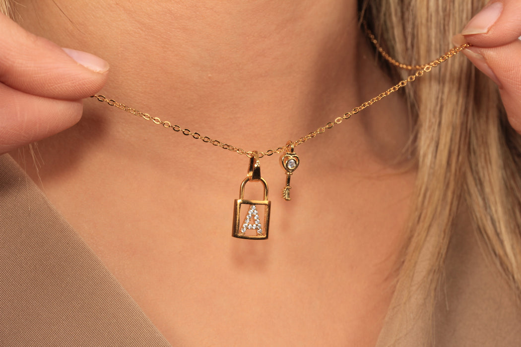 17'' +2'' 24k Shiny Gold CZ A Letter Ready Necklace, Micro Pave White Stone Padlock Charm Necklace, DC192-16