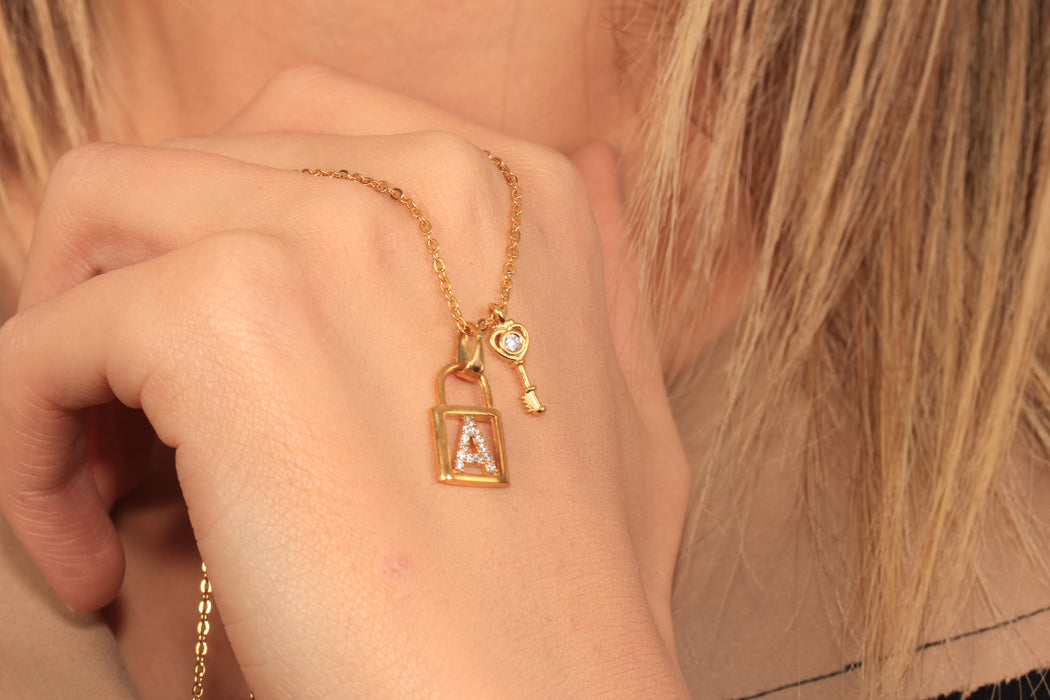 17'' +2'' 24k Shiny Gold CZ A Letter Ready Necklace, Micro Pave White Stone Padlock Charm Necklace, DC192-16