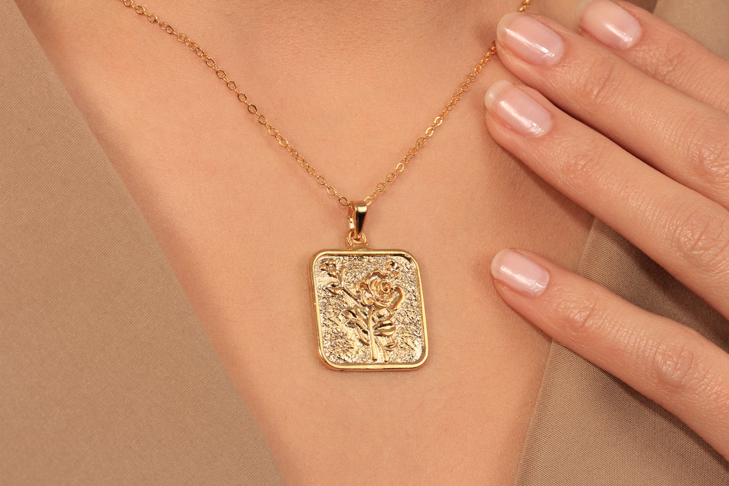 17'' +2'' 24k Shiny Gold Flower Ready Necklace, Square Rose Flower Medallion Charm Necklace, DC192-20