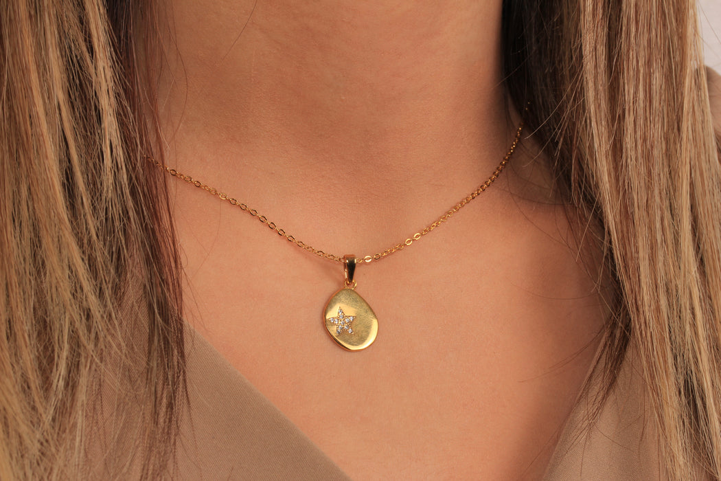 17'' +2'' 24k Shiny Gold Micro Pave Star Pendant Ready Necklace, CZ Star Medallion Necklace, DC192-23