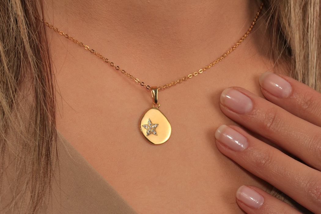 17'' +2'' 24k Shiny Gold Micro Pave Star Pendant Ready Necklace, CZ Star Medallion Necklace, DC192-23