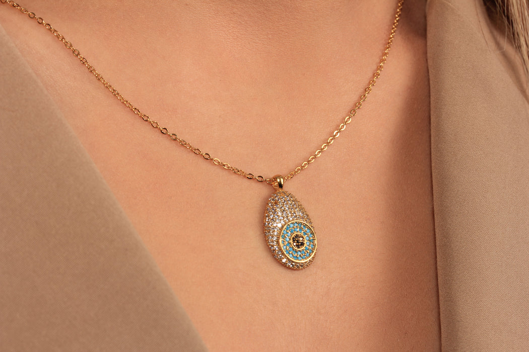 17'' +2'' 24k Shiny Gold CZ Evil Eye Ready Necklace, Mixed Stone Eye Charm Necklace, DC192-26