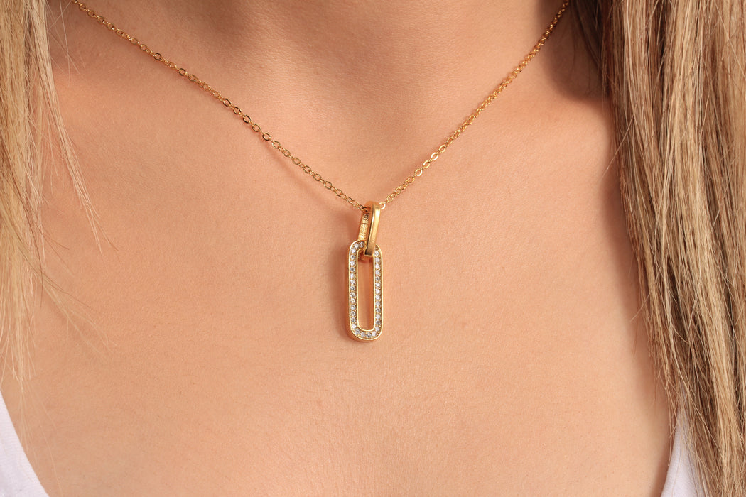 17'' +2'' 24k Shiny Gold CZ Chain Link Charm Ready Necklace, Micro Pave White Stone Oval Pendant Dainty Necklace, DC21-2