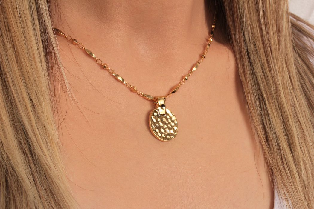 17'' +2'' 24k Shiny Gold Coin Charm Ready Necklace, Hammered Medallion Pendant Necklace, DC21-3