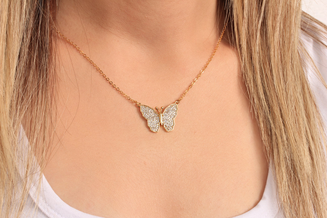 Gold Necklace With Cubic Zirconia Butterfly Pendant