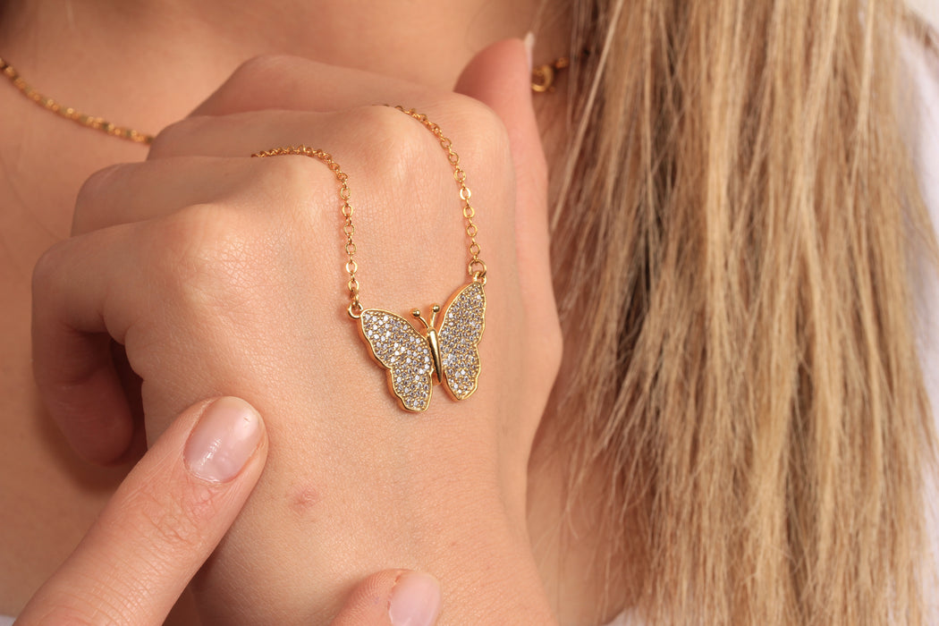 17'' +2'' 24k Shiny Gold CZ Butterfly Ready Necklace, Micro Pave Butterfly Pendant Necklace, DC21-5