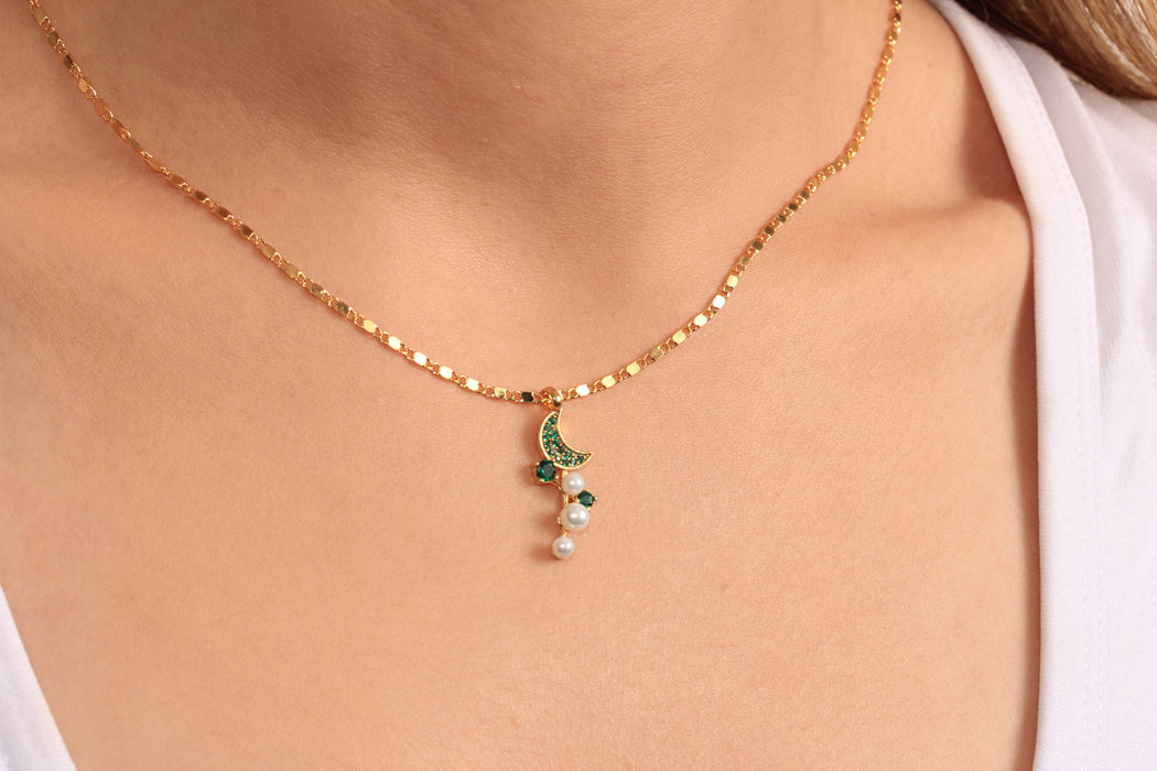 17'' +2'' 24k Shiny Gold Micro Pave Green Moon Charm Ready Necklace, Drop Pearl Charm Necklace, DC21-6