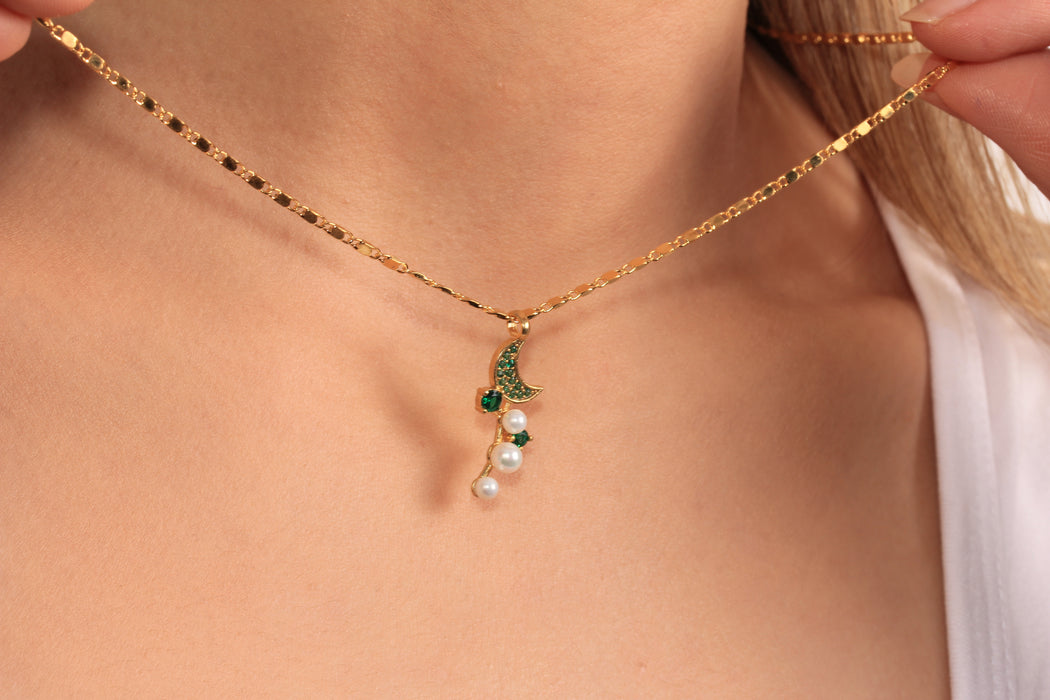 17'' +2'' 24k Shiny Gold Micro Pave Green Moon Charm Ready Necklace, Drop Pearl Charm Necklace, DC21-6