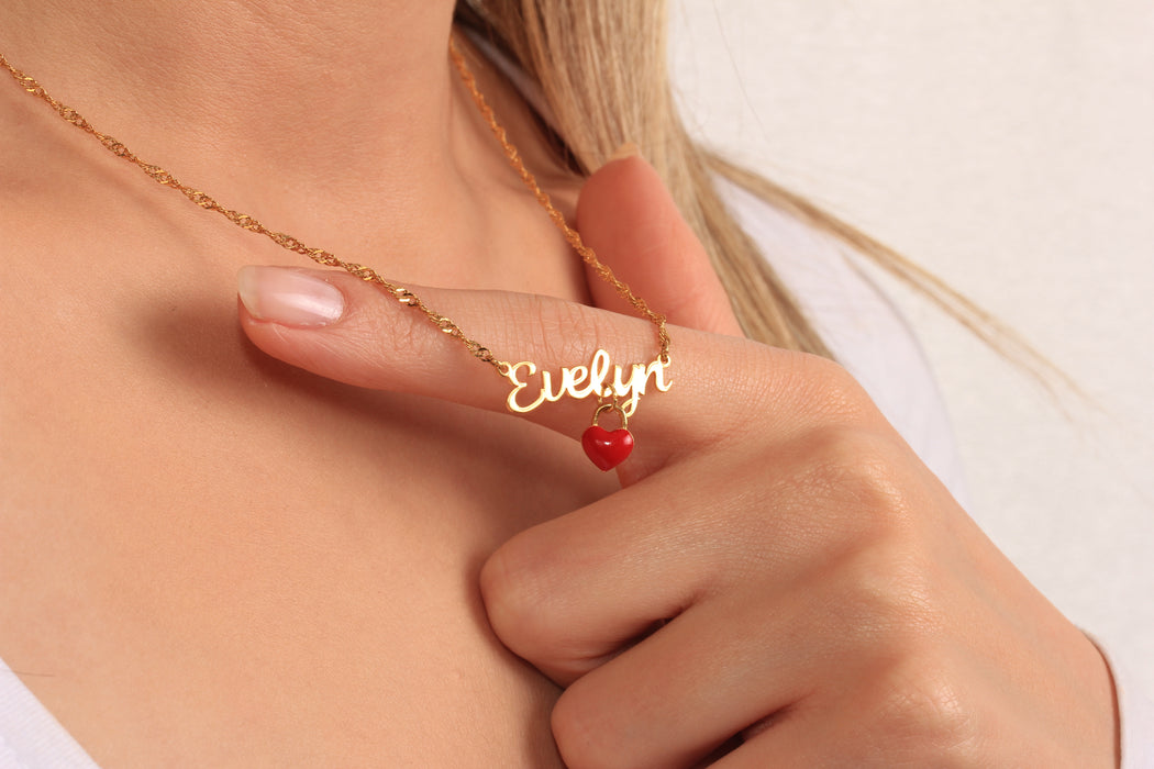 Collana a forma di cuore in oro lucido 24k da 17'', collana a forma di cuore in smalto rosso,