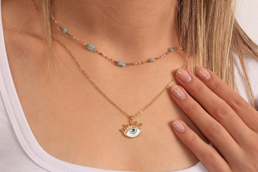 Gold Beaded Layered Necklace With CZ Evil Eye Pendant