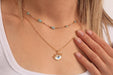 Gold Beaded Layered Necklace With CZ Evil Eye Pendant