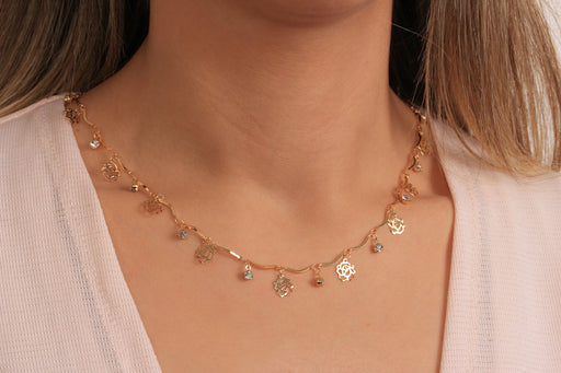 Gold Flower Chain Necklace With Crystal Beads