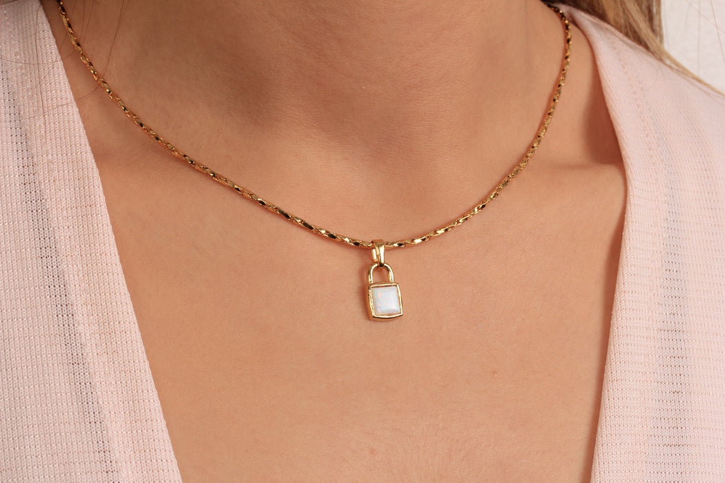 17'' +2'' 24k Shiny Gold Mini Lock Charm Ready Necklace, White Enamel Padlock Charm Necklace, DC21-14