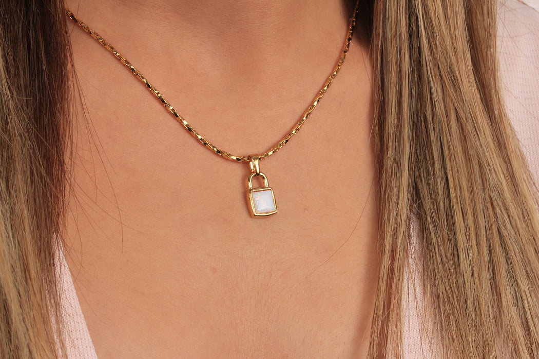 17'' +2'' 24k Shiny Gold Mini Lock Charm Ready Necklace, White Enamel Padlock Charm Necklace, DC21-14