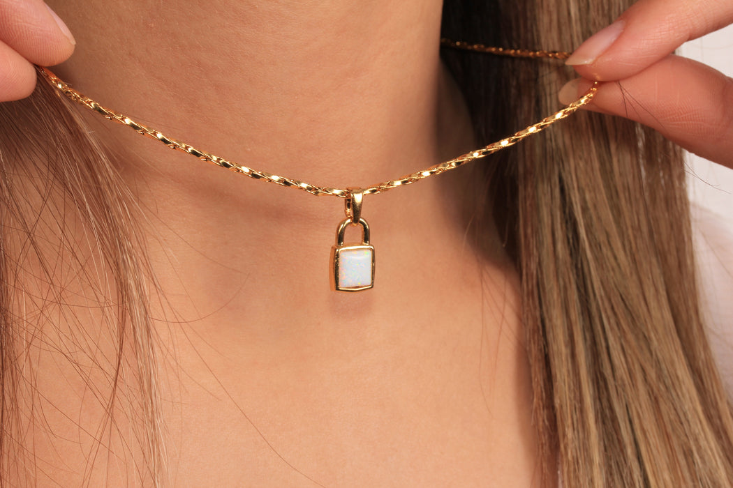 17'' +2'' 24k Shiny Gold Mini Lock Charm Ready Necklace, White Enamel Padlock Charm Necklace, DC21-14