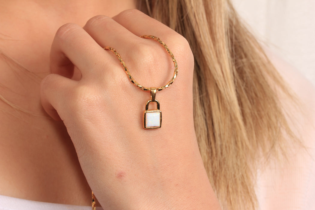 17'' +2'' 24k Shiny Gold Mini Lock Charm Ready Necklace, White Enamel Padlock Charm Necklace, DC21-14