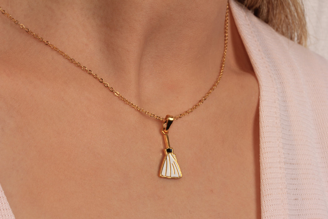 17'' +2'' 24k Shiny Gold Witch Broom Ready Necklace, Enamel Halloween Broom Charm Necklace, DC21-18
