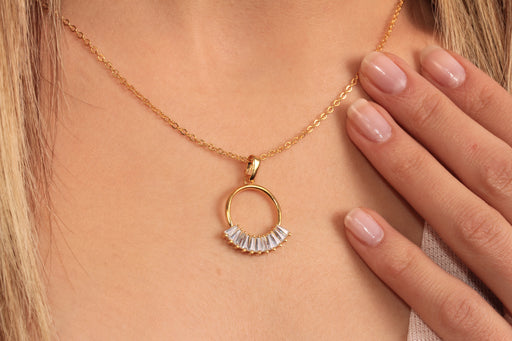 Gold Necklace With Baguette Stone Circle Pendant