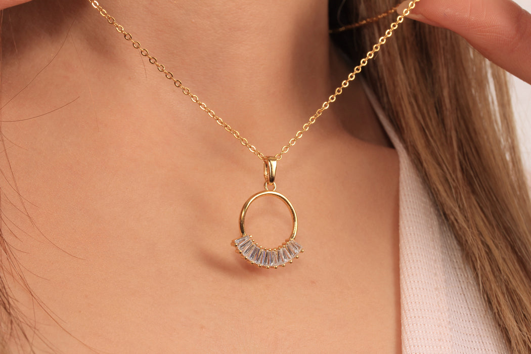 17'' +2'' 24k Shiny Gold CZ Baguette Stone Circle Ready Necklace, White Stone Eternity Crystal Pendant Dainty Necklace, DC21-21