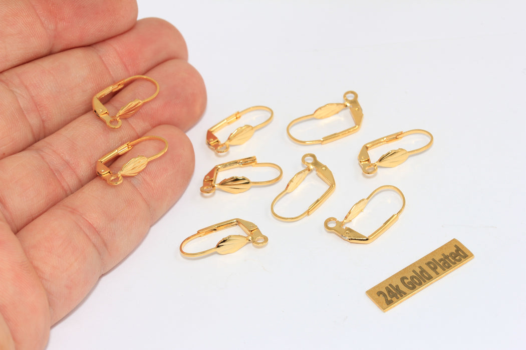 Orecchini a leva con chiusura a leva in oro lucido 24k da 9x18 mm, con passante, orecchini a foglia, BRT518