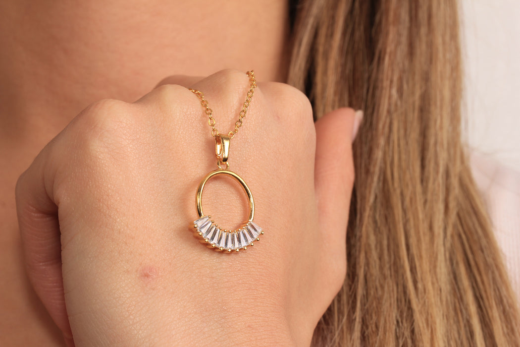 17'' +2'' 24k Shiny Gold CZ Baguette Stone Circle Ready Necklace, White Stone Eternity Crystal Pendant Dainty Necklace, DC21-21