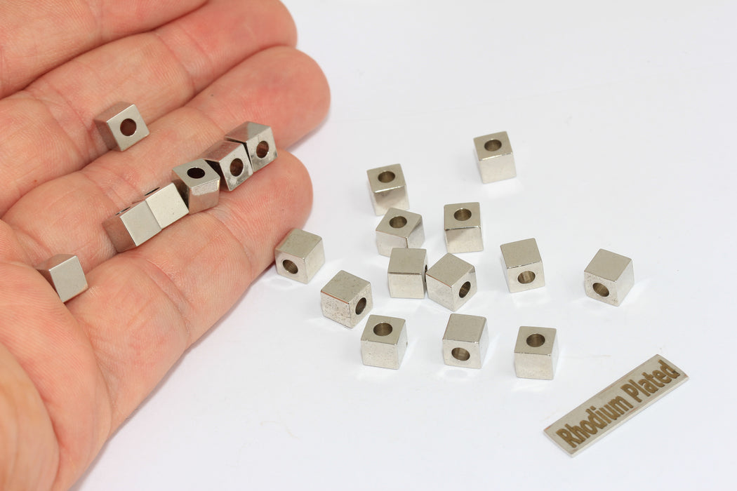 6mm Rhodium Plated Cube Beads, Cube Bracelet Charms, BRT531