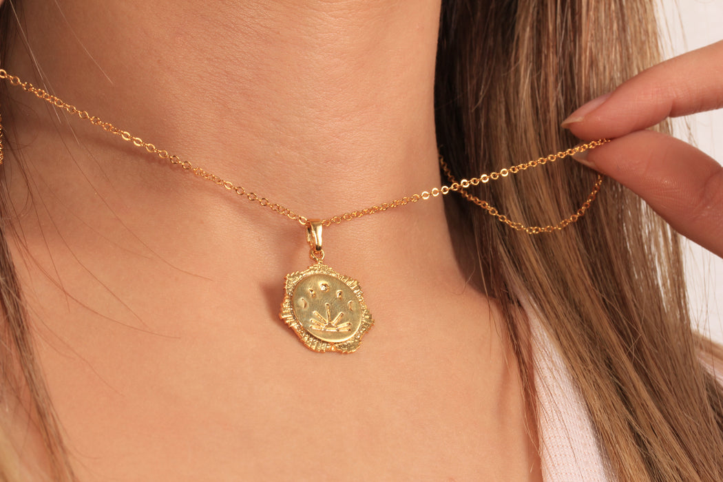 17'' +2'' 24k Shiny Gold Moon Phases Pendant Ready Necklace, Moon And Sun Medallion Necklace, DC21-22