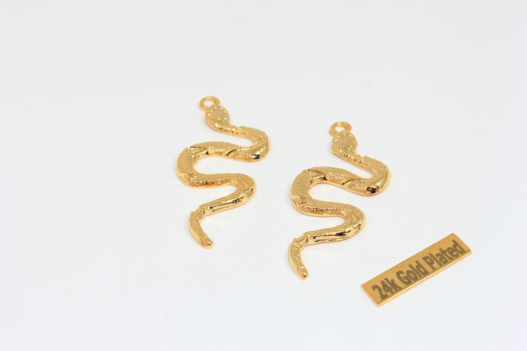 20x50mm 24k Shiny Gold Snake Charm, Snake Pendant,  BRT506