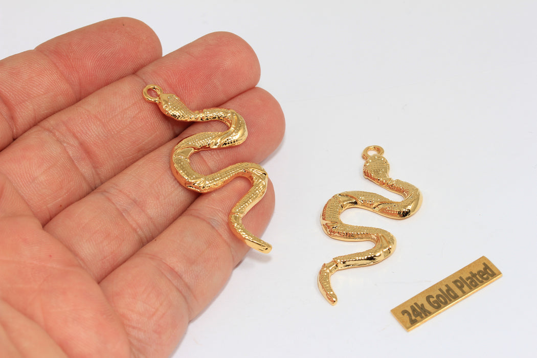 20x50mm 24k Shiny Gold Snake Charm, Snake Pendant,  BRT506