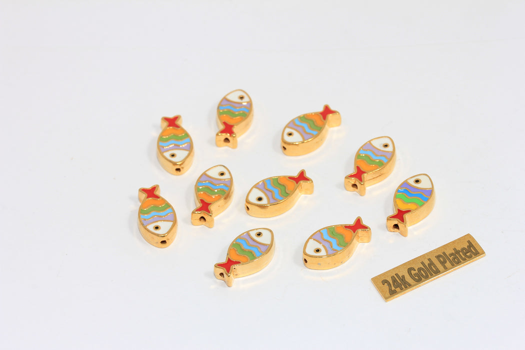 8x16mm 24k Shiny Gold Fish Charms, Colorful Enamel Fish Beads, BRT453