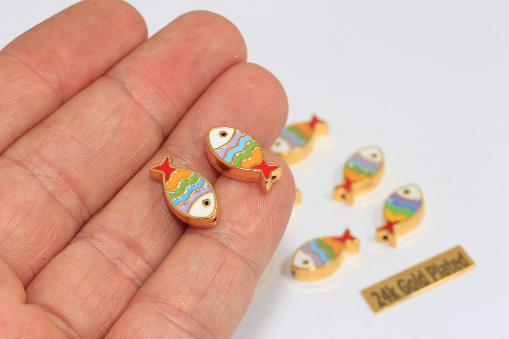 8x16mm 24k Shiny Gold Fish Charms, Colorful Enamel Fish Beads, BRT453